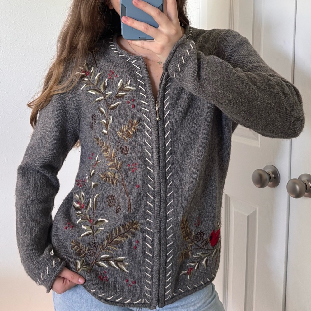 Croft & Barrow Charcoal Floral Embroidered Cardigan